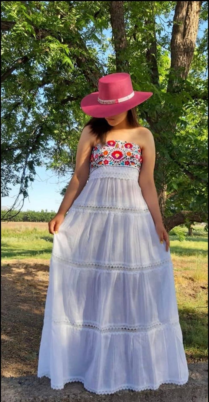 Maxi hand embroidered dress Belt not included Fitted Bohemian Bandeau Dress, Fitted Bandeau Bohemian Dress, Fitted Beach Dress For Cinco De Mayo, Sleeveless Summer Maxi Dress For Fiesta, Mexican Fancy Dress, Latina Style, Traditional Mexican Dress, Mexican Embroidered Dress, Mexican Dress