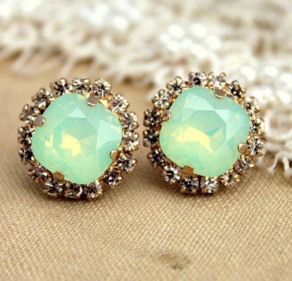 Mint green seafoam Crystal stud Petite vintage earring Green Stud Earrings, Vintage Earring, Casual Jewelry, Opal Studs, Crystal Stud Earrings, Sleeve Tattoo, Opal Earrings, Bling Bling, Designer Earrings