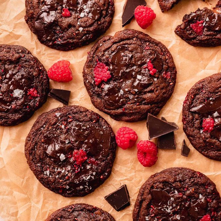 chocolate cookies with raspberries and sea salt on top