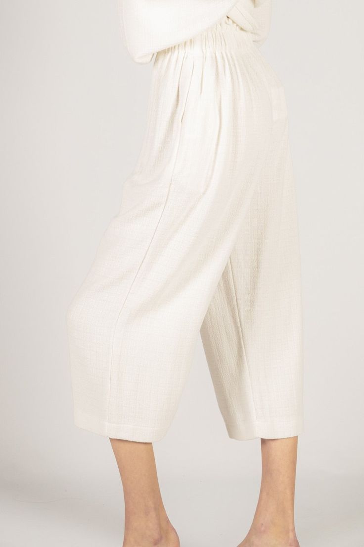 Linen Culotte Elastic Waistband Pants Wide Leg Linen Pants Elastic Waistband Color-Ivory White Casual Harem Pants For Work, Versatile Beige Long Pants, Casual White Harem Pants For Work, White Summer Culottes, White Ankle-length Culottes For Summer, Summer White Ankle-length Culottes, Casual White Culottes For Spring, Cream Wide Leg Pants With Elastic Waistband For Spring, Cream Ankle-length Wide Leg Pants With Pockets