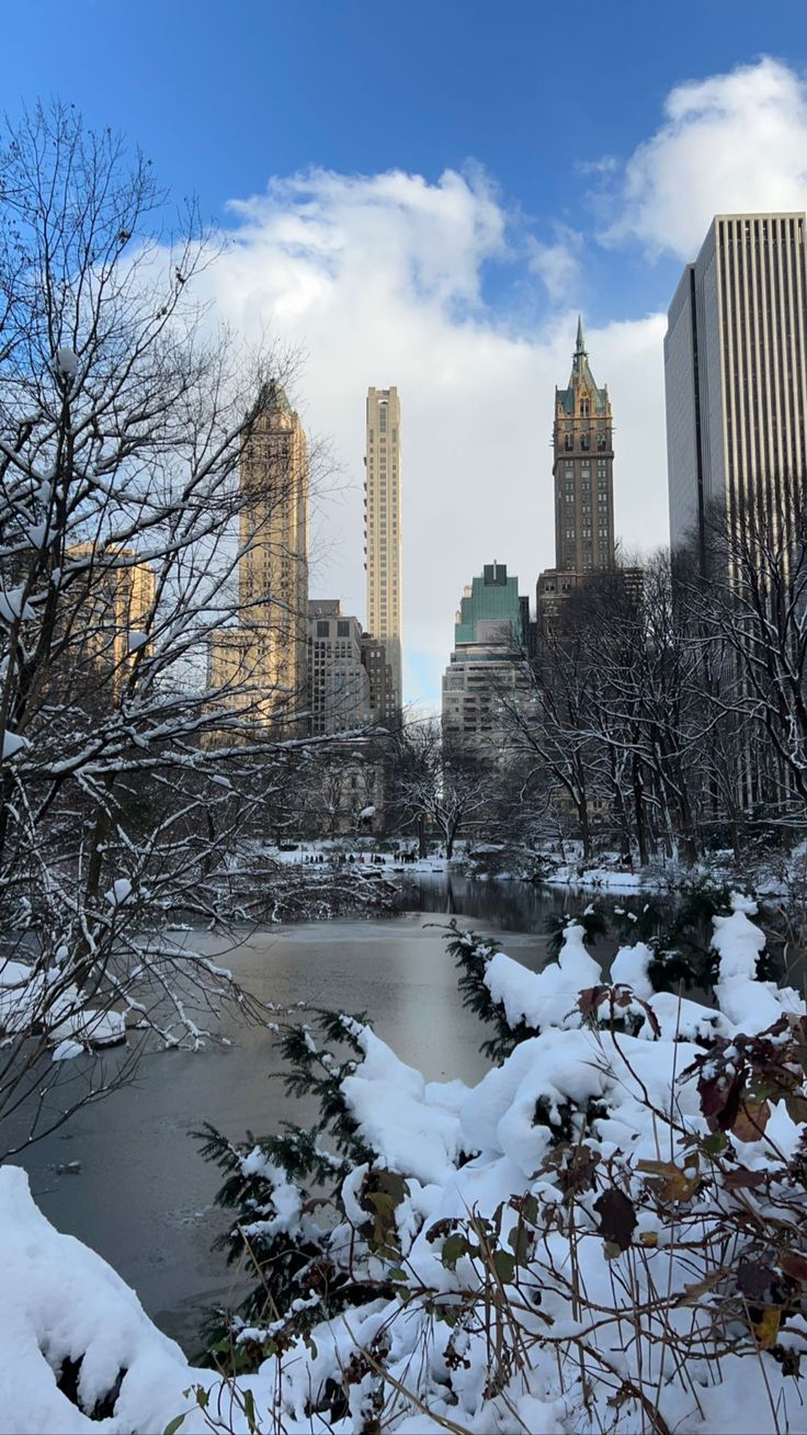 the city skyline is covered in snow and surrounded by tall buildings on either side of a lake