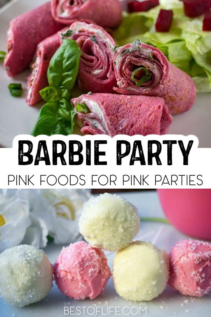 pink and white desserts with text overlay that reads barbie party pink foods for pink parties