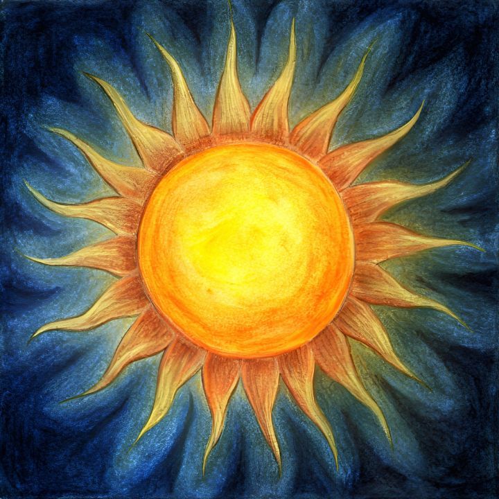 a drawing of the sun on a blue background