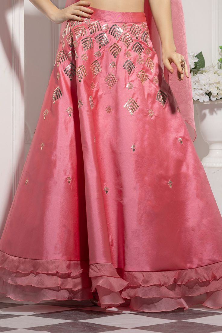 Pink lehenga with sequin embroidered motifs and layered detail. Paired with sequin and bead embroidered blouse and sheer dupatta.
Component: 3
Embroidered
Neckline: V neck
Sleeve Length: Sleeveless
Fabric: Silk Taffeta, Net
Color: Pink
Bead and sequin work - Aza Fashions Sheer Dupatta, Embroidered Motifs, Pink Lehenga, Embroidered Lehenga, Silk Taffeta, Embroidered Neckline, Fashion App, Pink Beads, Fabric Silk