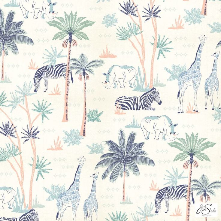 an animal themed wallpaper with zebras, giraffes and palm trees