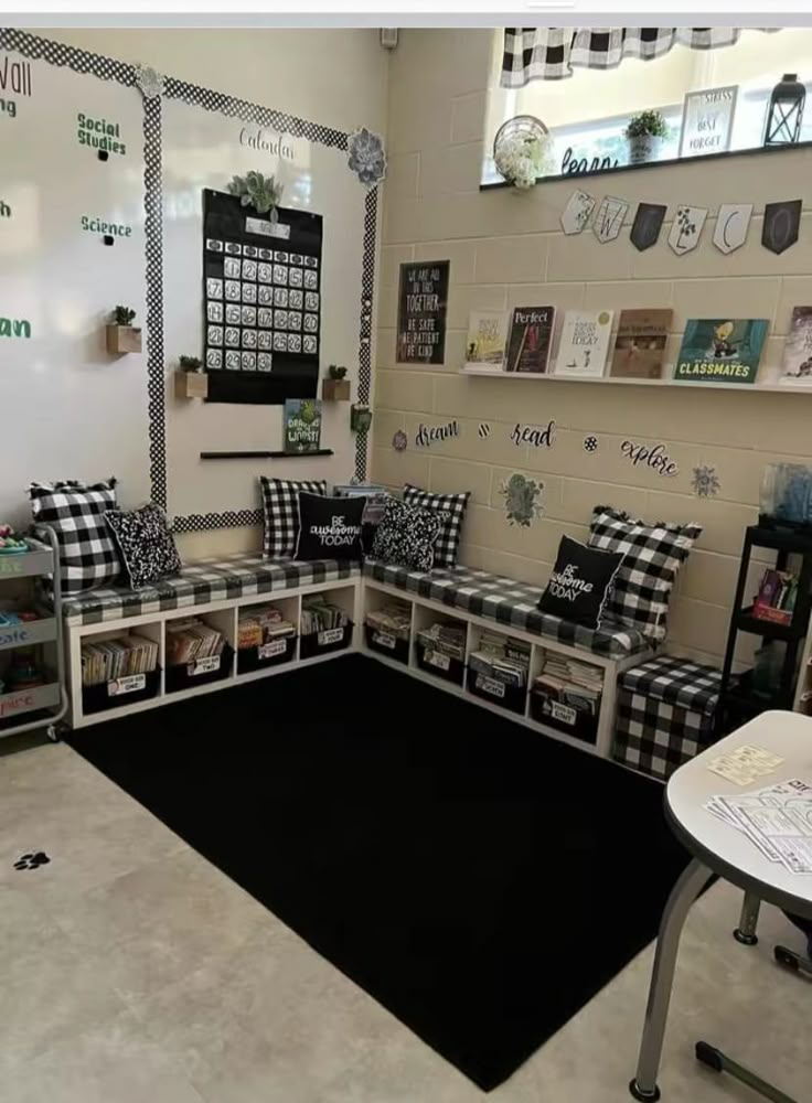 a classroom with black and white checkered cushions