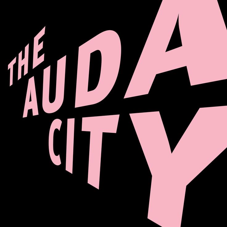 the aud city logo is shown in pink on a black background with white letters