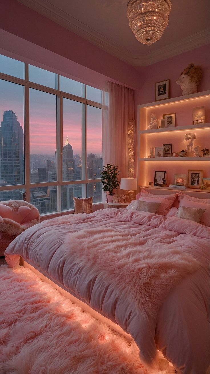 a bedroom with pink walls and floor to ceiling windows overlooking the city at night time