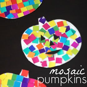 mosaic pumpkins made out of colored paper on a black surface with the words mosaic pumpkins