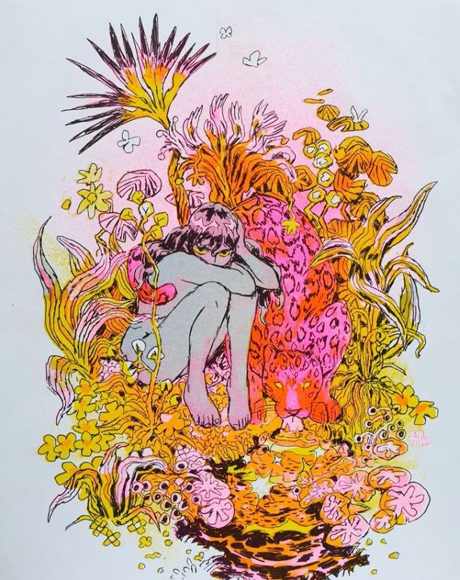 a drawing of a person sitting in the middle of flowers and plants with one hand on his head