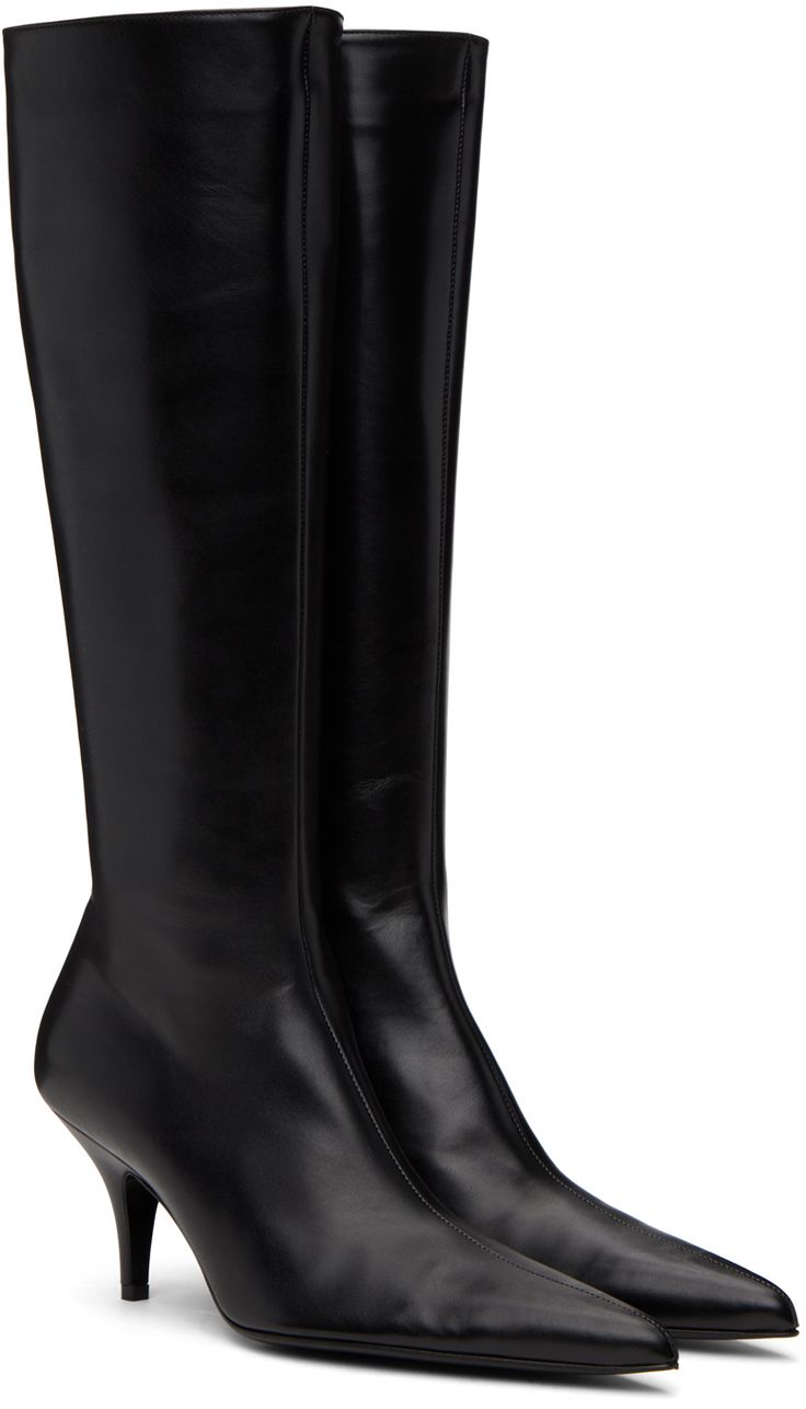 Knee-high polished calfskin boots in black. · Pointed toe · Zip closure at inner-side · Grained leather lining · Covered stiletto heel with rubber injection · Leather sole with rubber injection · H2.75 Supplier color: Black Sleek Wide Calf Knee-high Boots With Pointed Toe, Sleek Black Knee-high Boots With Pointed Toe, Sleek Black Knee-high Wide Calf Boots, Black Knee-high Boots With Sculpted Heel And Pointed Toe, Black Synthetic Knee-high Boots With Pointed Toe, Black Boots Tall, Boots Knee, Tall Boots, Knee High Boots