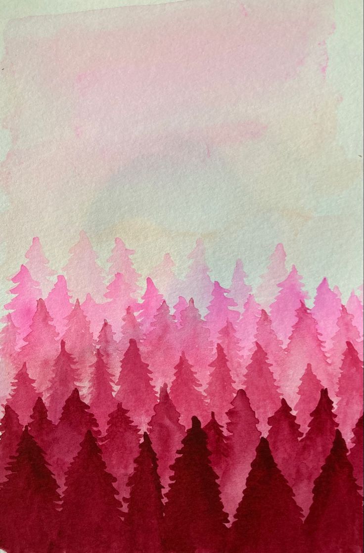 watercolor painting of pink and red trees