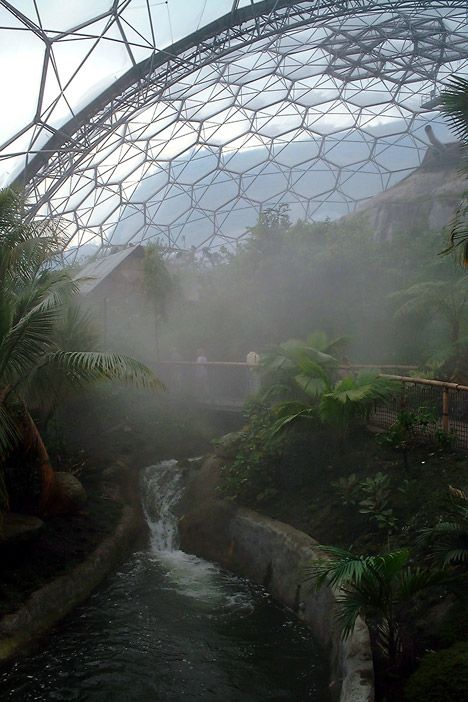 a waterfall in the middle of a tropical garden