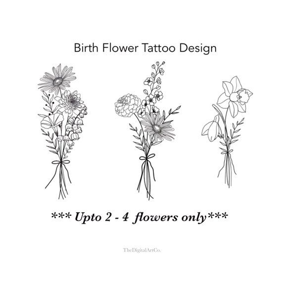 three flowers with the words birth flower tattoo design in black and white, on a white background