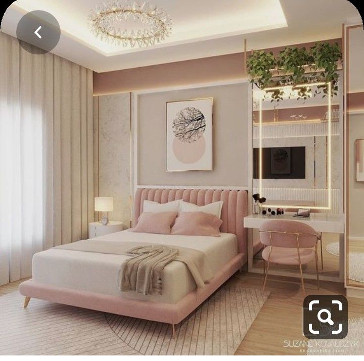 the bedroom is decorated in pink and white