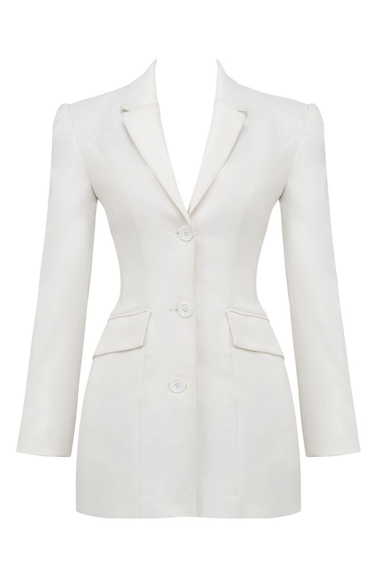 Seductively mix business with pleasure in this mini blazer-dress tailored in a sculpted silhouette with sharp, structured shoulders, a plunging neck and a nipped-in waist. Exclusive retailer Front button closure Notched lapels; plunge neck Long sleeves with padded shoulders and three-button cuffs Front flap pockets Lined 80% polyester, 17% viscose, 3% spandex Dry clean Imported Classic Fitted V-neck Blazer Dress, Chic Notched Blazer Dress For Semi-formal Occasions, Party Blazer With Structured Shoulders And Notch Lapel, Office Blazer Dress With Structured Shoulders And Lapel Collar, Semi-formal Spring Blazer With Structured Boning, Office Blazer Dress With Structured Shoulders And Suit Collar, Tailored Blazer Dress With Structured Boning For Work, Semi-formal Tailored Blazer Dress With Structured Shoulders, Fitted Structured Blazer Dress For Office