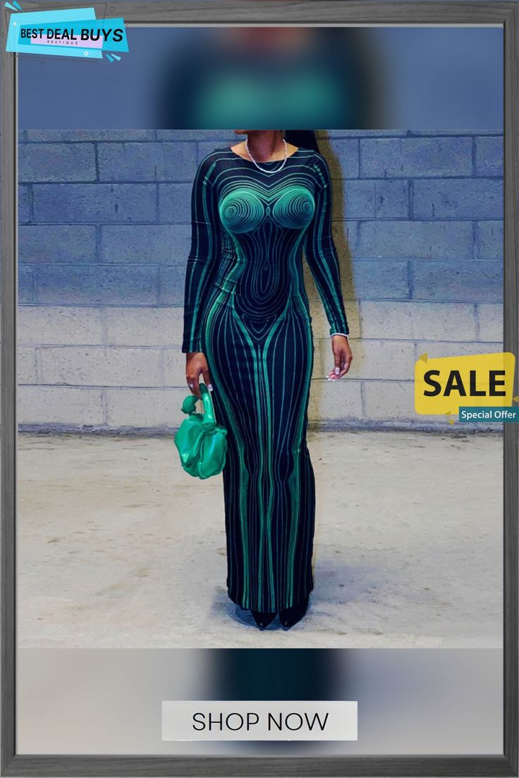 Spring Summer Women's Fashion Print Sexy Low Back Cutout Long Sleeve Bodycon Dress Trendy Green Bodycon Dress, Trendy Green Bodycon Dress For Club, Trendy Bodycon Dress For Evening, Trendy Slim Fit Bodycon Club Dress, Trendy Bodycon Dress For Club, Trendy Green Bodycon Dress For Date Night, Bodycon Dress With Sleeves, Long Sleeve Bodycon, Long Sleeve Bodycon Dress