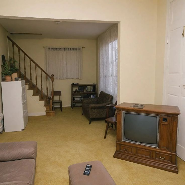 the living room is clean and ready to be used as a den or family room