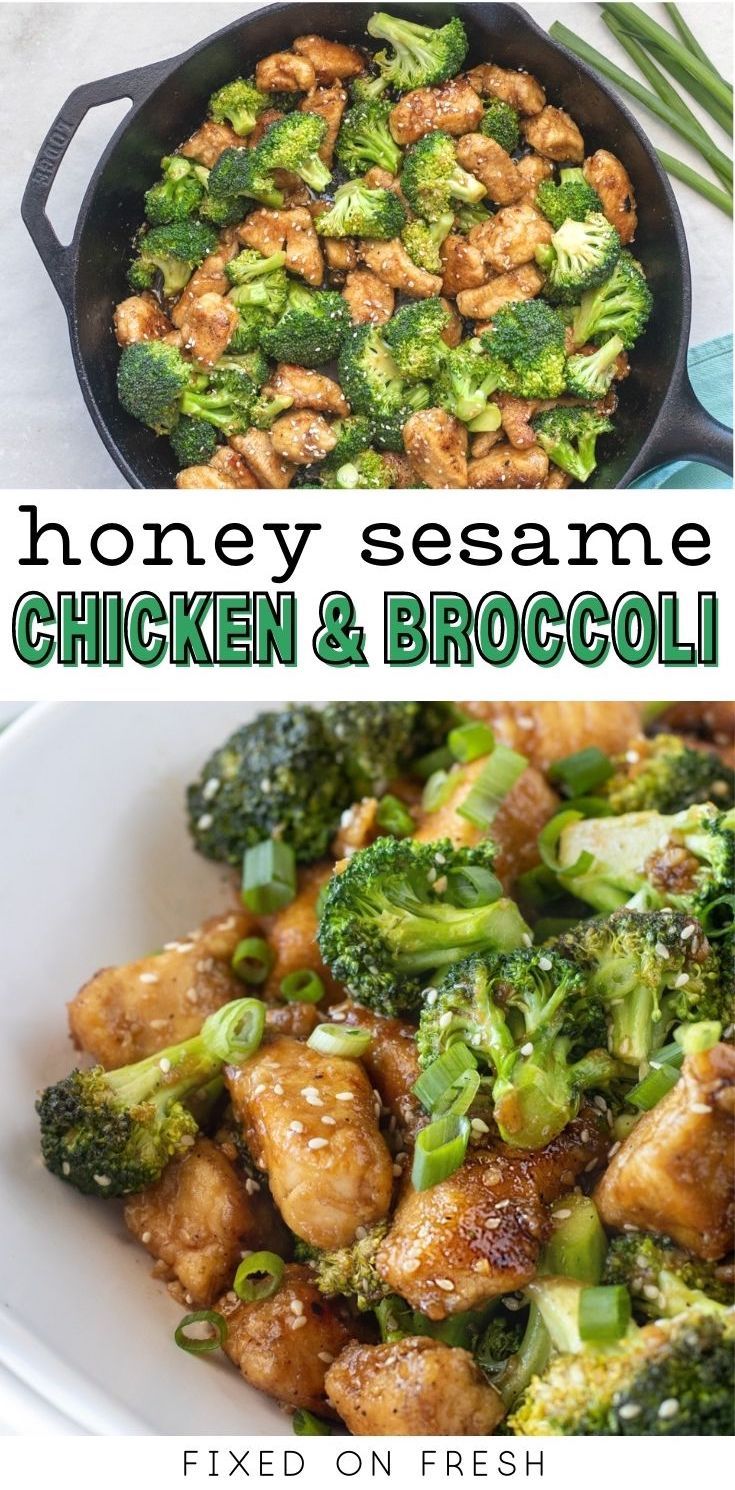 chicken and broccoli stir fry in a skillet with the words honey sesame chicken and broccoli