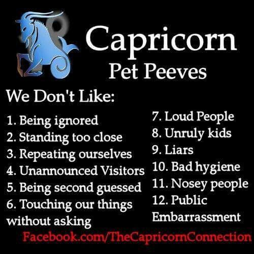 a sign with the words capricon pet peeves written in black and white