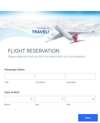 the flight reservation form is displayed in blue and white colors, with an airplane flying above it