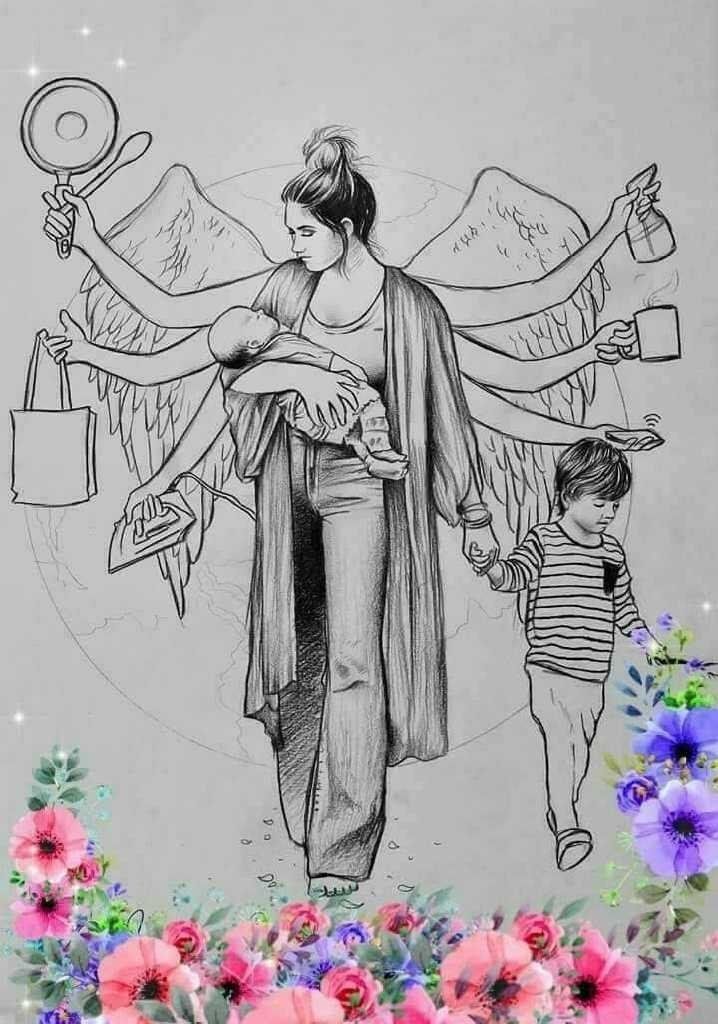 a drawing of a woman holding a child in her arms