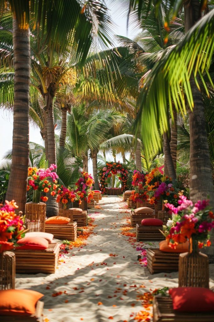 an outdoor area with lots of flowers and palm trees