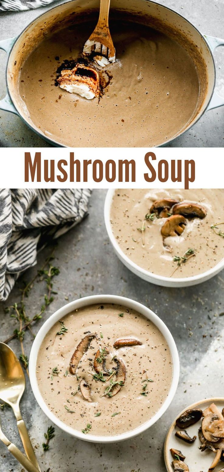 mushroom soup in a white bowl with spoons on the side and two bowls full of mushrooms