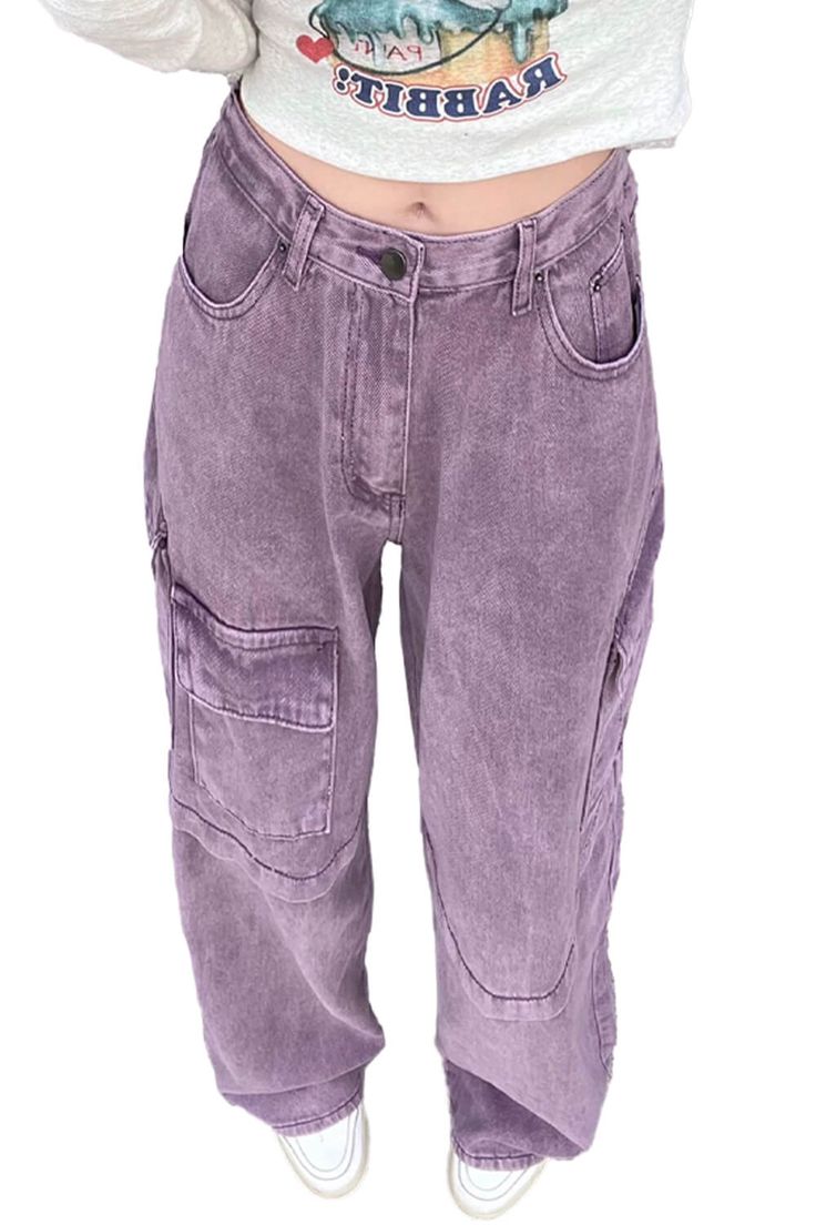 Soft Grunge Purple Wide Leg Jeans for Women Side Pockets Purple Wide Leg Jeans, Indie Crop Tops, Purple Wide Leg, Wide Leg Jeans For Women, E Girl Style, Harajuku Street Style, Soft Grunge Aesthetic, Hoodie Aesthetic, Rave Fashion