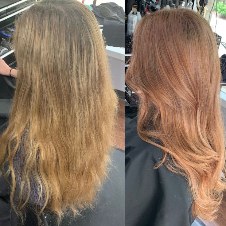 Beautiful rose gold transformation Dark Rose Gold Blonde Hair, Strawberry Blonde Hair Gloss, Strawberry Blonde Transformation, Strawberry Bronze Hair, Blonde To Copper Before And After, Light Blonde Red Hair, Sunkissed Copper Hair, Rose Gold Strawberry Blonde Hair, Copper Rose Hair