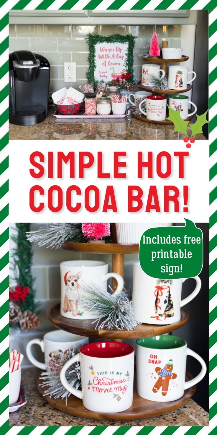 coffee mugs are stacked on top of each other with the words, simple hot cocoa bar