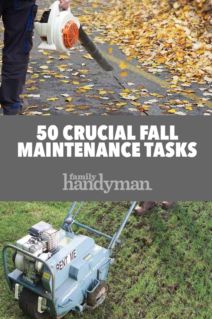 a man using a leaf blower to remove leaves from the ground with text overlay that reads, 50 crucial fall maintenance tasks