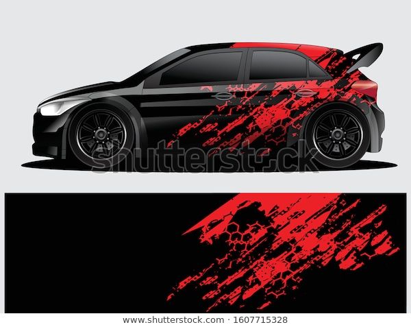 a car with red paint splattered on the hood and side view, in black and