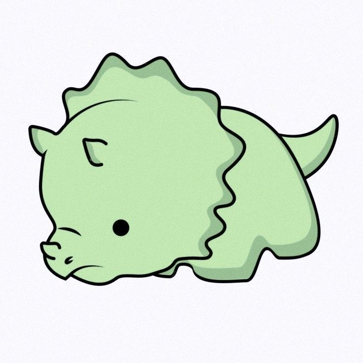 a drawing of a green dinosaur laying on its back with it's head turned to the side