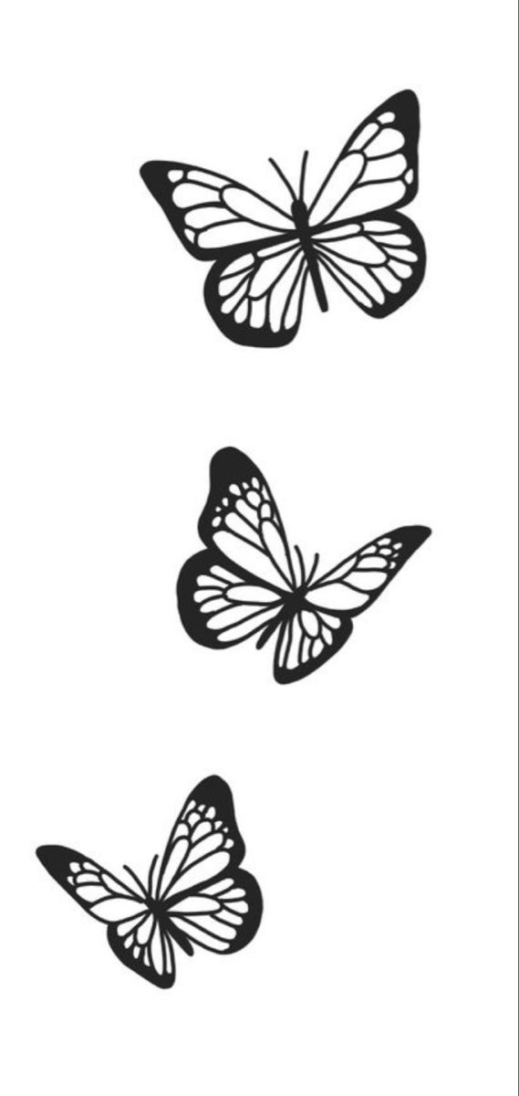 three black and white butterflies flying in the air, one on top of the other