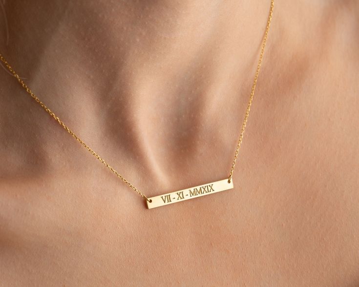 Personalized 14k Solid Gold, Gold-Filled, or 925 Sterling Silver Nameplate Necklace This unique necklace can be customized with names, coordinates of a special location, birth dates, graduation messages, love symbols, and more. It's the perfect gift for birthdays, anniversaries, Mother's Day, and other special occasions. Check out our store for more personalized jewelry: https://www.etsy.com/shop/bibipersonalized Materials: Available in 14k Solid Gold, Gold-Filled, or 925 Sterling Silver (lead-f Personalized Bar Necklace For Anniversary, Sterling Silver Bar Necklace For Anniversary, Minimalist Nameplate Bar Necklace For Anniversary, Sterling Silver Nameplate Necklace, Graduation Messages, Silver Nameplate Necklace, Nameplate Necklace Silver, Custom Bar Necklace, Bar Necklace Personalized