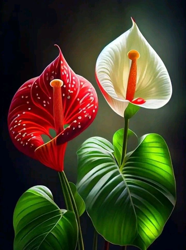 two red and white flowers are next to each other on green leafy stems, with dark background