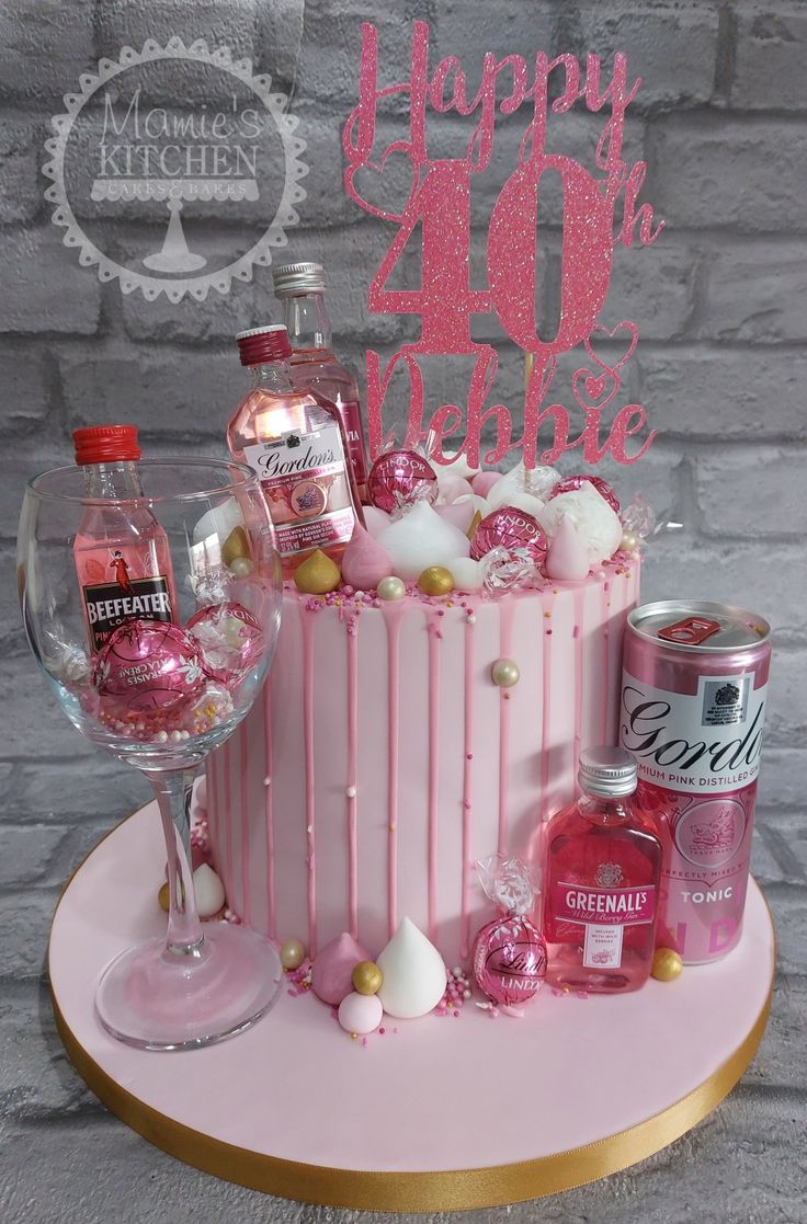 Alcohol Cake Design For Women, Pink Cake For Birthday, Alcohol Cake Ideas For Women, 40 + 1 Birthday Cake, 40th Cakes Women, 40tg Birthday Cake Women, Barbie 40th Birthday Cake, 21st Birthday Cakes For Girls Turning 21 Classy, 40th Cake Ideas