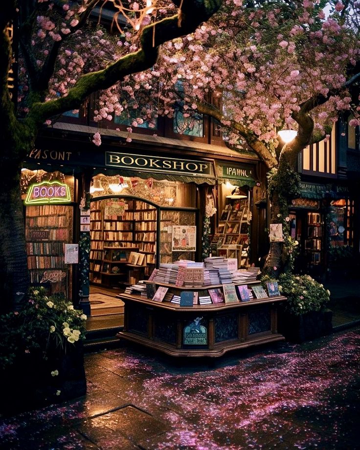 a book shop with lots of books on display under the cherry blossom tree in front of it