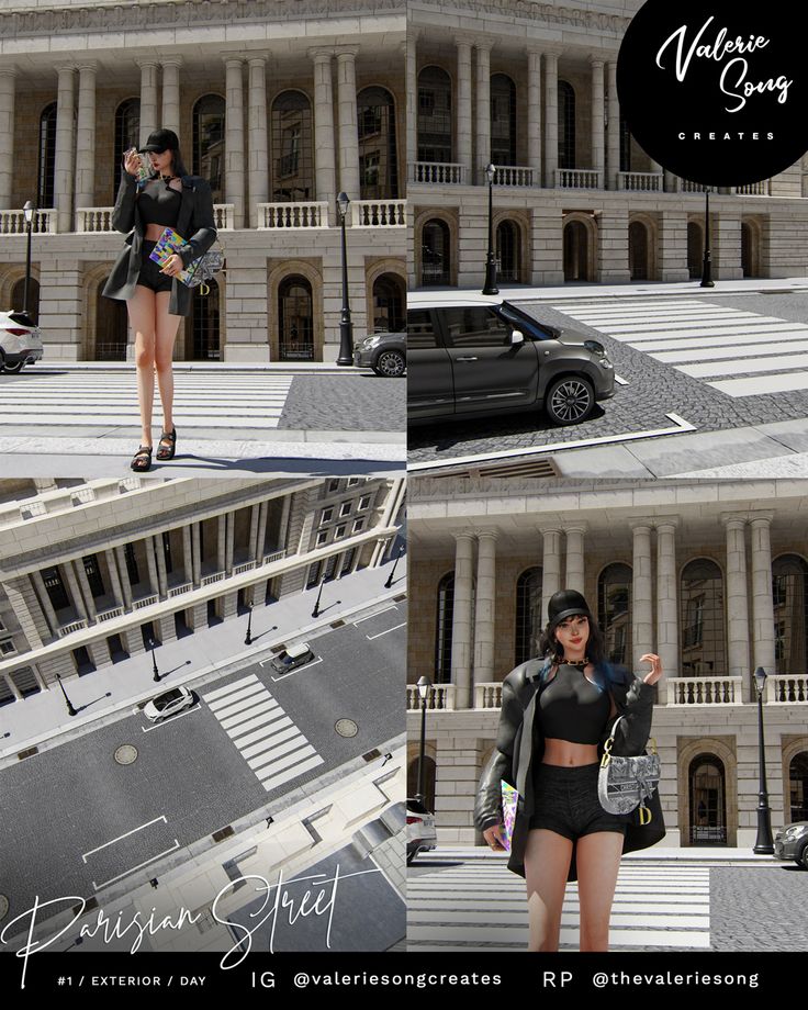 two photos of a woman in short shorts and jacket standing on steps with a black car behind her