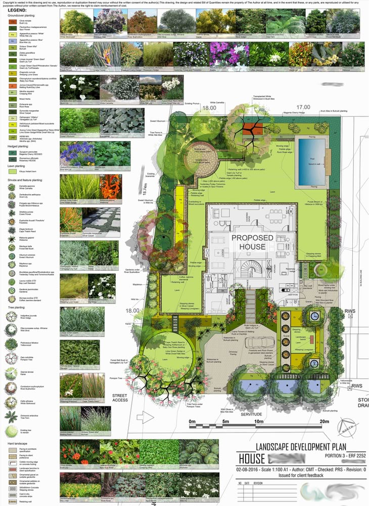 a garden plan with lots of different plants and landscaping items in it, including trees, bushes