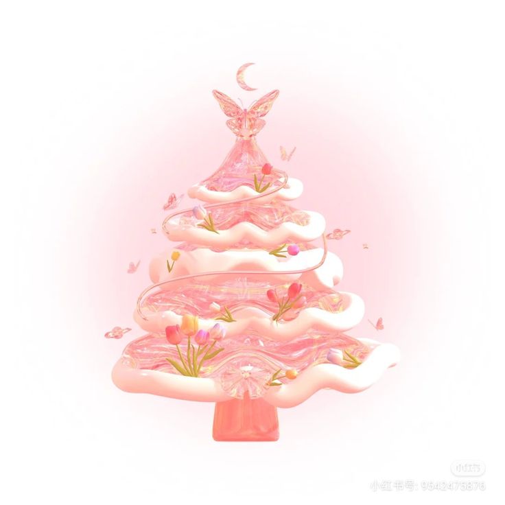 a pink and white christmas tree with an angel sitting on it's top, surrounded by flowers