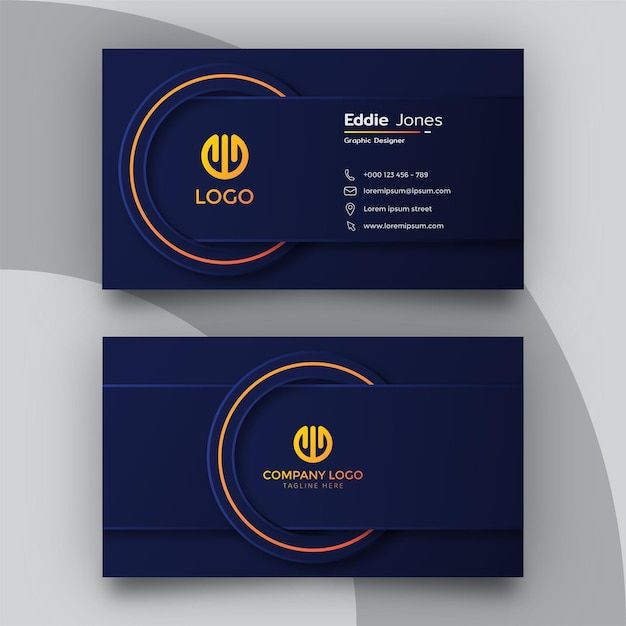 two dark blue business cards with yellow and orange circles on the bottom, one is for logo