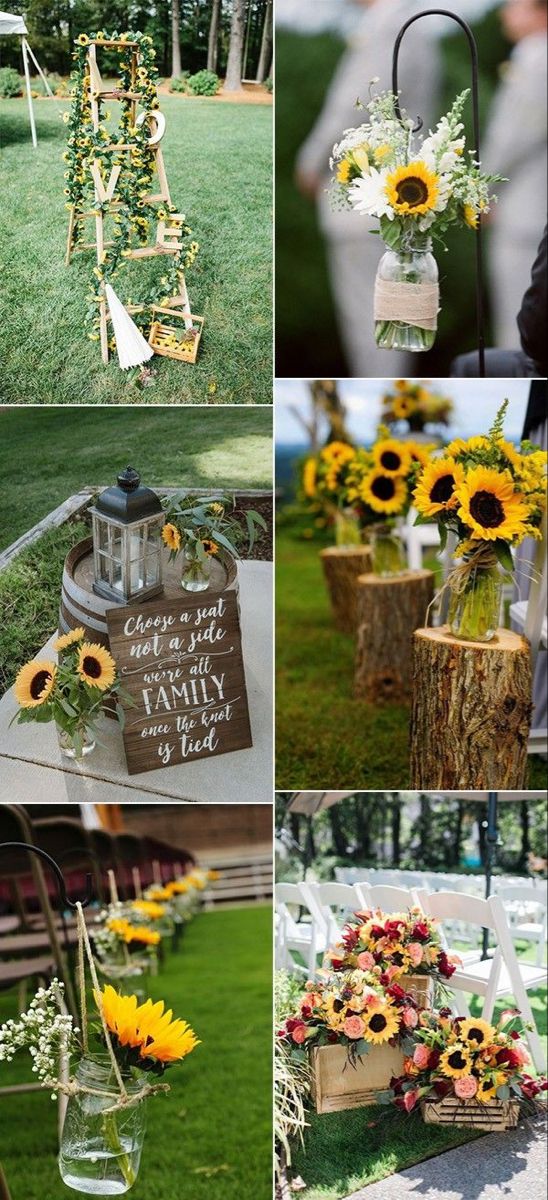 sunflowers and other flowers are arranged in vases on the grass at an outdoor wedding