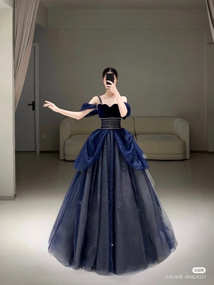 Black And Blue Gown, Celestial Dress Gowns, Blue Fantasy Gown, Celestial Ball Gown, Celestial Dresses, Celestial Dress, Debut Dresses, Midnight Blue Dress, Funky Dresses