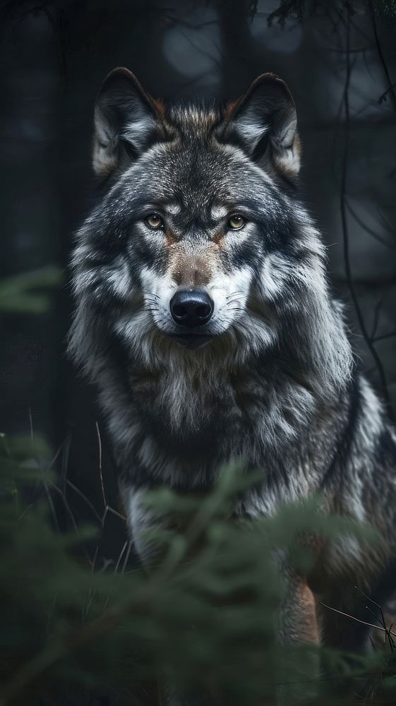 a gray wolf standing in the woods looking at the camera