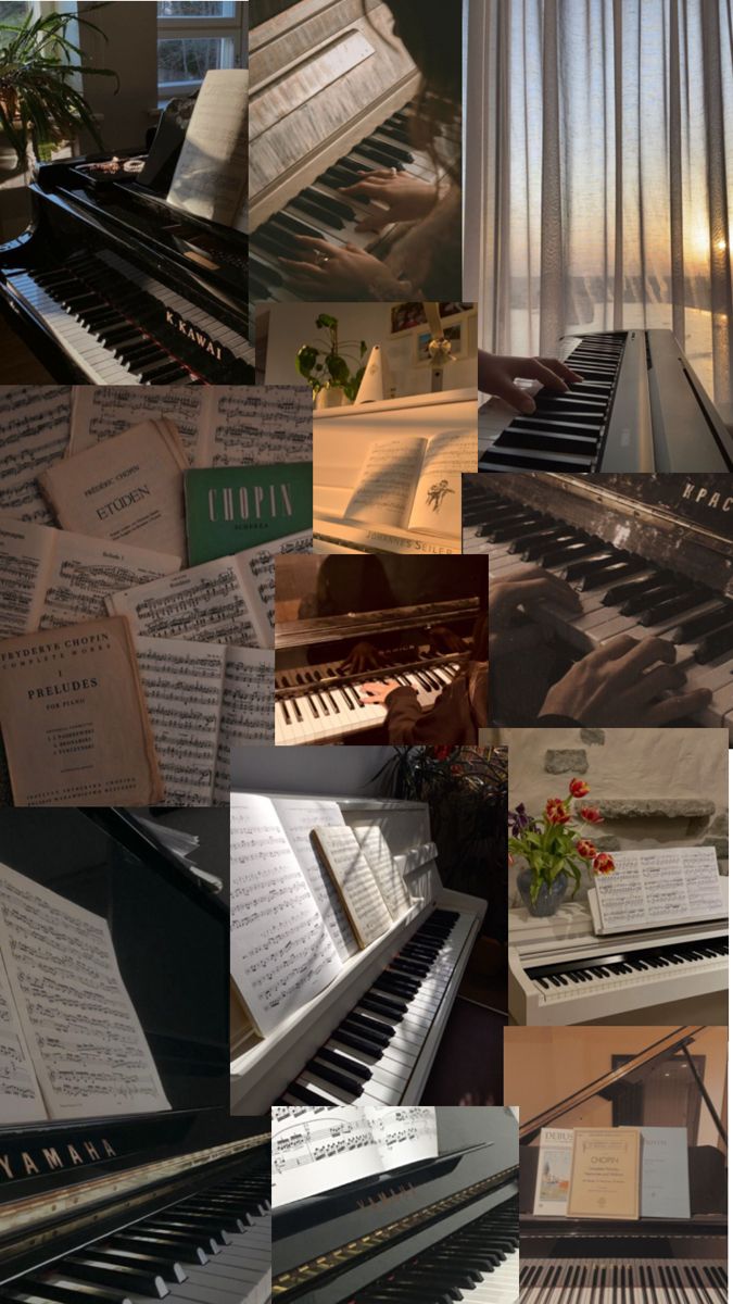 a collage of piano keys and sheet music