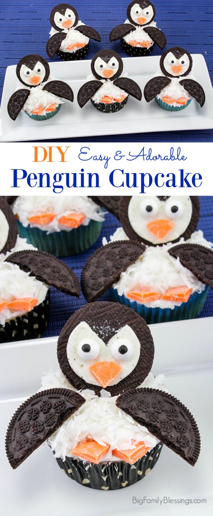 some cupcakes with icing and penguins on them