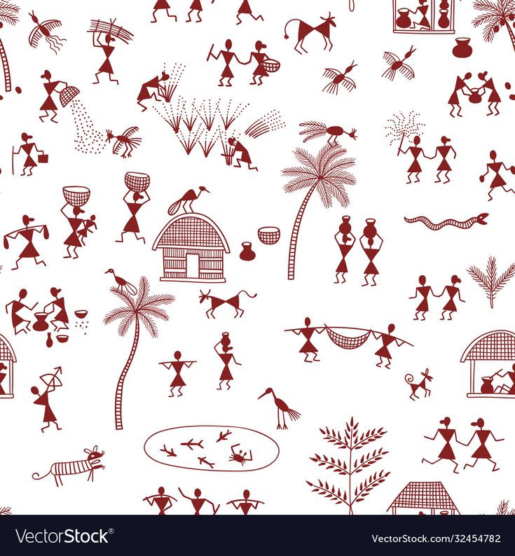 seamless pattern with people and animals in the style of primitive art on white background