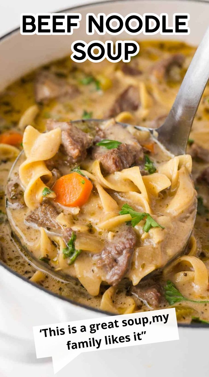 beef noodle soup in a white bowl with a ladle full of noodles and carrots